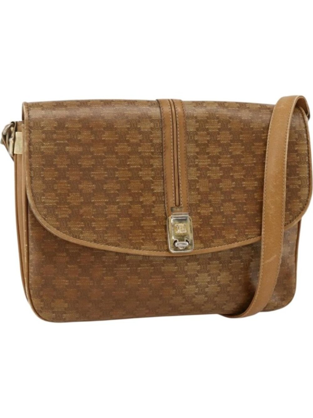 CELINE Macadam Canvas Shoulder Bag PVC Leather Beige Gold
